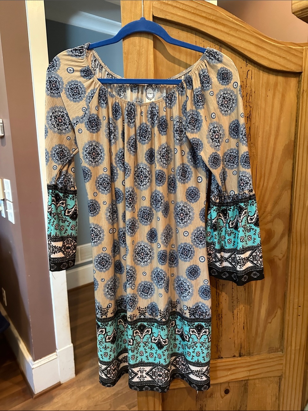 Honeyme Cream Dress with Blue Medallion Print & Turquoise Borders
